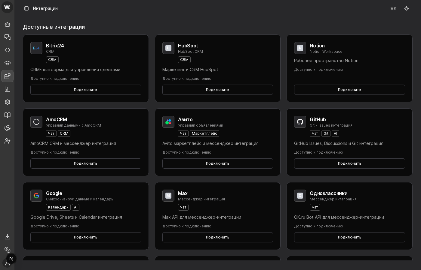 Раздел интеграций Worken
