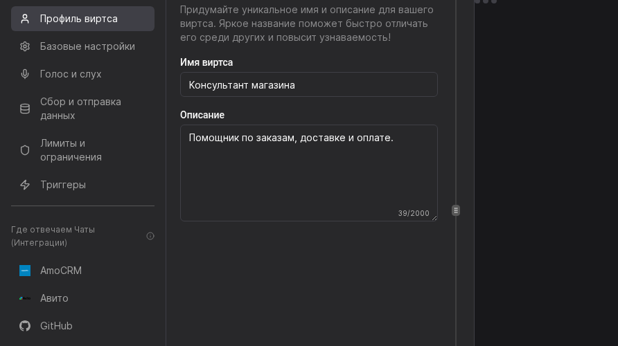 Редактор профиля виртса с полями имени и описания
