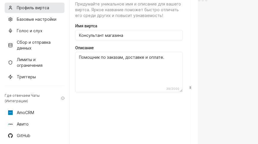 Редактор профиля виртса с полями имени и описания