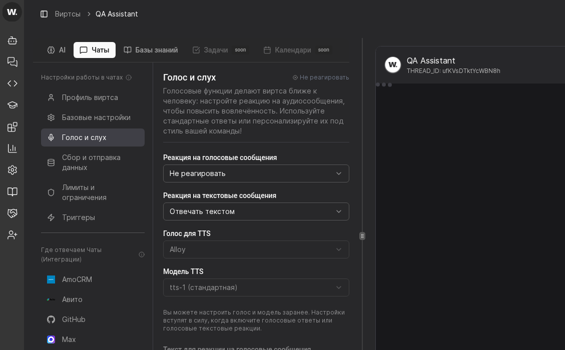 Раздел голосовых и профильных настроек