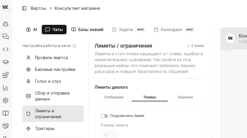 Страница лимитов и расхода